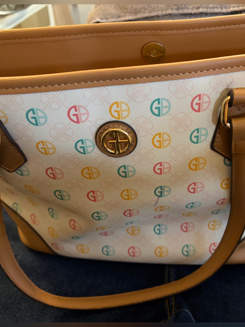 Multicolor LogoPrint Tote Bag With Tan Trim